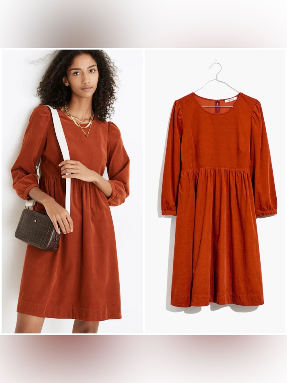 Madewell Corduroy Puff-Sleeve Mini Dress
Faded Rust/ Burnt Orange M